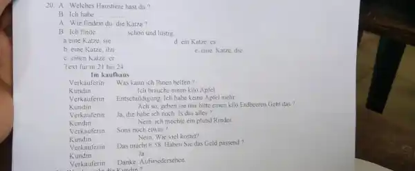 A: Welches Haustiere hast du ? B: Ich habe A: Wie findest du die Katze? B : Ich finde schon und lüstig. a eine