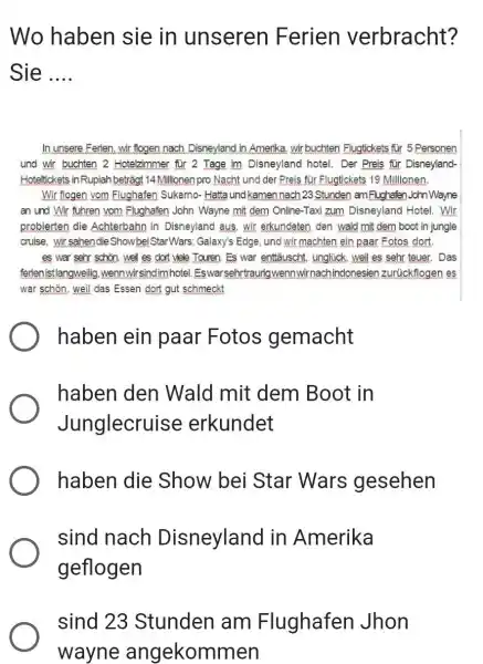 Wo haben sie in unseren Ferien verbracht? Sie .... In unsere Ferien, wir flogen nach Disneyland in Amerika. wir buchten Flugtickets für 5 Personen