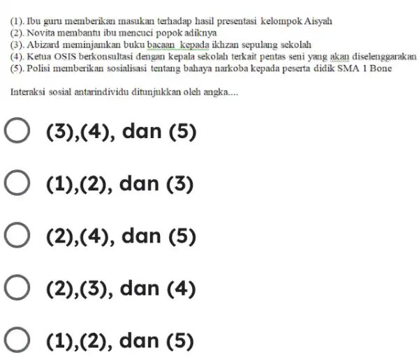 (1). Ibu guru memberikan masukan terhadap hasil presentasi kelompok Aisyah (2). Novita membantu ibu mencuci popok adiknya (3). Abizard meminjamkan buku bacaan kepada ikhzan