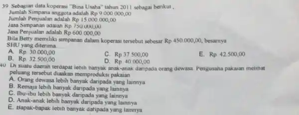 39 Sebagian data koperasi "Bina Usaha" tahun 2011 sebagai berikut, Jumlah Simpana anggota adalah Rp 9.000.000,00 Jumlah Penjualan adalah Rp 15.000.000,00 Jasa Simpanan adaiah