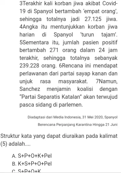 3Terakhir kali korban jiwa akibat Covid19 di Spanyol bertambah 'empat orang', sehingga totalnya jadi 27.125 jiwa. 4Angka itu mentunjukkan korban jiwa harian di Spanyol