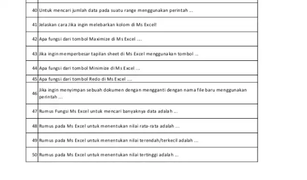 40 Untuk mencari jumlah data pada suatu range menggunakan perintah ... 41 Jelaskan cara Jika ingin melebarkan kolom di Ms Excel! 42 Apa fungsi