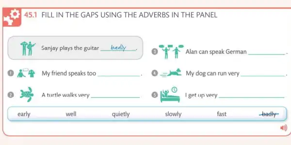 45.1 FILL IN THE GAPS USING THE ADVERBS IN THE PANEL Sanjay plays the guitar badly (3) Alan can speak German (1) My friend