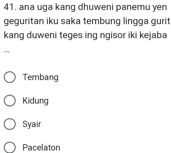 ana uga kang dhuweni panemu yen geguritan iku saka tembung lingga gurit kang duweni teges ing ngisor iki kejaba Tembang Kidung Syair Pacelaton