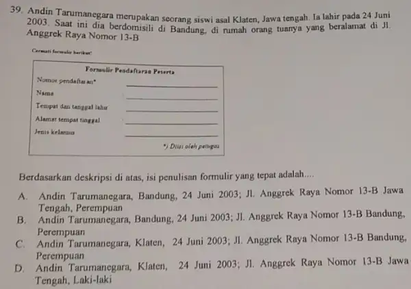 Andin Tarumanegara merupakan seorang siswi asal Klaten, Jawa tengah. Ia lahir pada 24 Juni 2003. Saat ini dia berdomisili di Bandung, di rumah orang