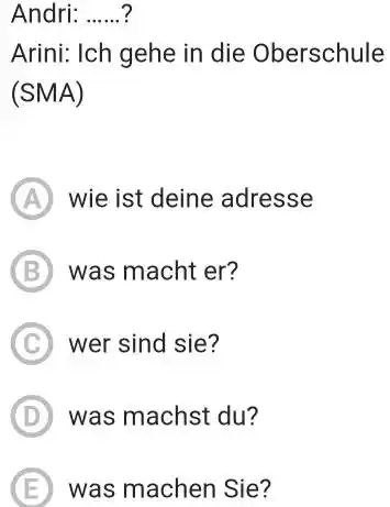 Andri: ......? Arini: Ich gehe in die Oberschule (SMA) (A) wie ist deine adresse (B) was macht er? (C) wer sind sie? (D) was