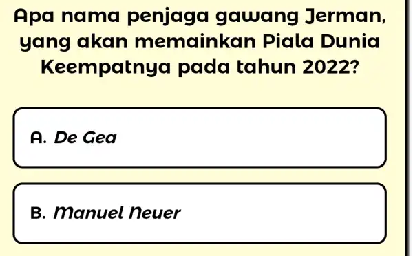 Apa nama penjaga gawang Jerman, yang akan memainkan Piala Dunia Keempatnya pada tahun 2022? A. De Gea B. Manuel neuer