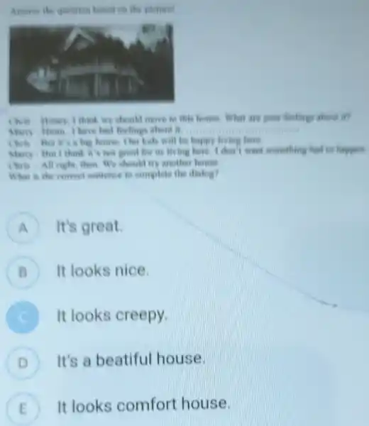 Atars these. I have had foetings aturet a A It's great. B It looks nice. C. It looks creepy. D It's a beatiful house.