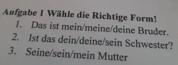 Aufgabe 1 Wähle die Richtige Form! Das ist mein/meine/deine Bruder. Ist das dein/deine/sein Schwester? Seine/sein/mein Mutter