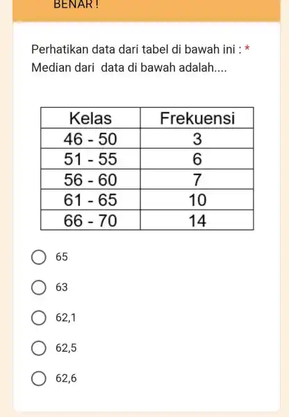 BENAR! Perhatikan data dari tabel di bawah ini : * Median dari data di bawah adalah.... Kelas Frekuensi 46-50 3 51-55 6 56-60 7