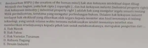 Berdasarkan WIPO ( the creation of the human mind) hak atas kekayaan intelektual dapat dibagi Menjadi dua bagian, yaitu hak cipta (copyright), dan hak