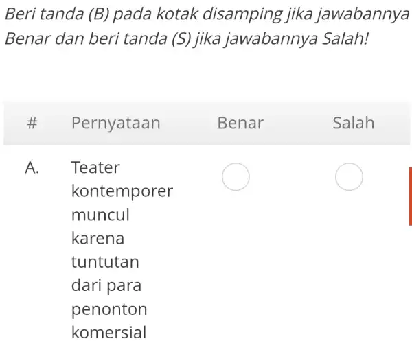 Beri tanda (B) pada kotak disamping jika jawabannya Benar dan beri tanda (S) jika jawabannya Salah! # Pernyataan Benar Salah A. Teater kontemporer muncul