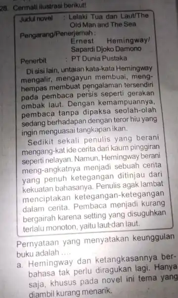 Cermati ilustrasi berikut! Judul novel Lelaki Tua dan Laut/The Old Man and The Sea Pengarang/Penerjemah : Ernest Hemingwayl Sapardi Djoko Damono Penerbit : PT