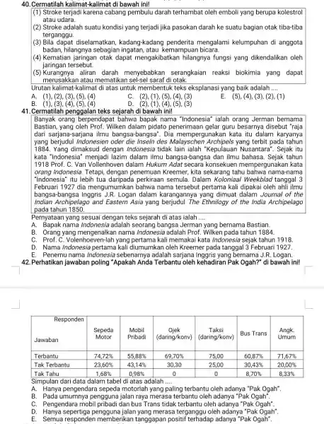 Cermatilah kalimat-kalimat di bawah ini! (1) Stroke terjadi karena cabang pembulu darah terhambat oleh emboli yang berupa kolestrol atau udara. (2) Stroke adalah suatu