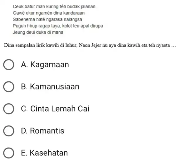 Ceuk batur mah kuring téh budak jalanan Gawé ukur ngamén dina kandaraan Sabenerna haté ngarasa nalangsa Puguh hirup ragap taya, kolot teu apal dirupa