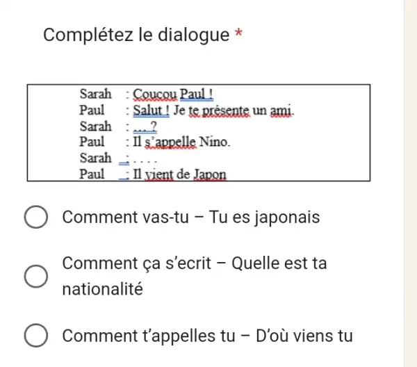 Complétez le dialogue * Sarah Paul Sarah Paul Sarah Paul Sarah Paul Sarah Paul Sarah Paul Coucou Paul! Salut! Je te présente un ami.