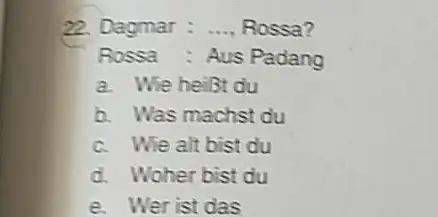 Dagmar: ..., Rossa? Rossa : Aus Padang a. Wie heibt du b. Was machst du c. Wie alt bist du d. Woher bist du