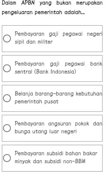 Dalam APBN yang bukan merupakan pengeluaran pemerintah adalah... Pembayaran gaji pegawai negeri sipil dan militer Pembayaran gaji pegawai bank sentral (Bank Indonesia) Belanja barang-barang