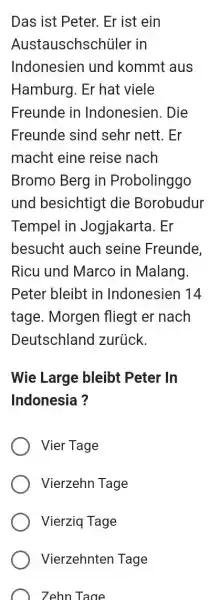 Das ist Peter. Er ist ein Austauschschüler in Indonesien und kommt aus Hamburg. Er hat viele Freunde in Indonesien. Die Freunde sind sehr nett.