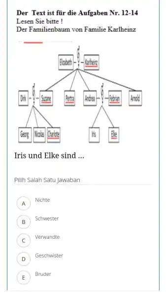 Der Text ist für die Aufgaben Nr. 12-14 Lesen Sie bitte ! Der Familienbaum von Familie Karlheinz Iris und Elke sind ... Pilih Salah