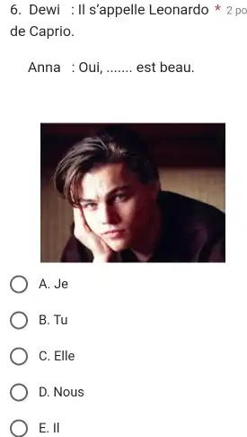 Dewi : Il s'appelle Leonardo ^(**)2po de Caprio. Anna : Oui, est beau. A. Je B. Tu C. Elle D. Nous E. II