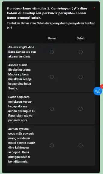 Dumasar kana stimulus 2. Contrêngan (v) dina kolom di handap ieu perkawis pernyataannana Bener atanapi salah. Tentukan Benar atau Salah dari pernyataan-pernyataan berikut ini!