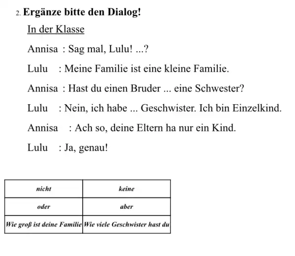 Ergänze bitte den Dialog! In der Klasse Annisa : Sag mal, Lulu! ...? Lulu : Meine Familie ist eine kleine Familie. Annisa : Hast