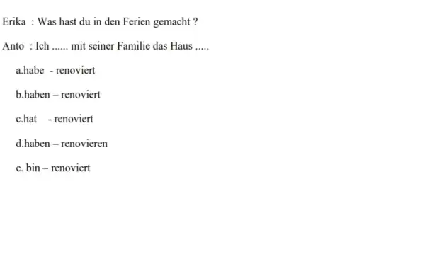 Erika : Was hast du in den Ferien gemacht? Anto : Ich ...... mit seiner Familie das Haus ..... a.habe - renoviert b.haben -