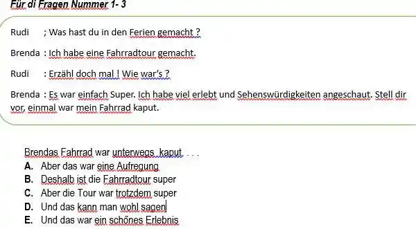 Für di Fragen Nummer 1-3 Rudi ; Was hast du in den Ferien gemacht? Brenda : Ich habe eine Fahrradtour gemacht. Rudi : Erzähl
