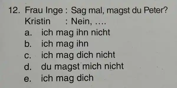 Frau Inge : Sag mal, magst du Peter? Kristin : Nein, .... a. ich mag inn nicht b. ich mag inn c. ich mag