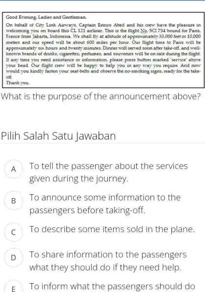 Good Evening, Ladies and Gentleman, On behalf of City Link Airways, Captain Enrico Abed and his crew have the pleasure in welcoming you on