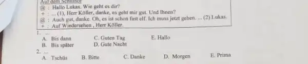 (a) : Hallo Lukas. Wie geht es dir? : ... (1), Herr Koller, danke, es geht mir gut. Und Thnen? (a) : Auch gut,