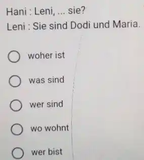 Hani : Leni, ... sie? Leni : Sie sind Dodi und Maria. woher ist was sind wer sind wo wohnt wer bist