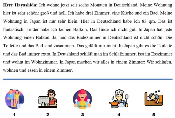 Herr Hayashida: Ich wohne jetzt seit sechs Monaten in Deutschland. Meine Wohnung hier ist sehr schön: groß und hell. Ich habe drei Zimmer, eine