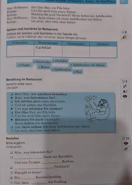 Herr Hoffmann: Ein Glas Bier, ein Pils bitte. Kollege: Und für mich bitte einen Eistee! Kellner: Möchten Sie auch Naehtiseh? Heute haben wir Apfelkuchen.