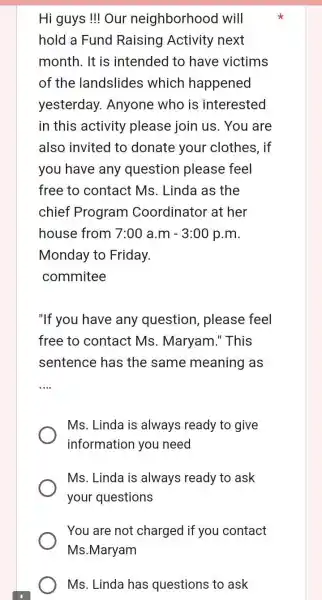 Hi guys !!! Our neighborhood will hold a Fund Raising Activity next month. It is intended to have victims of the landslides which happened