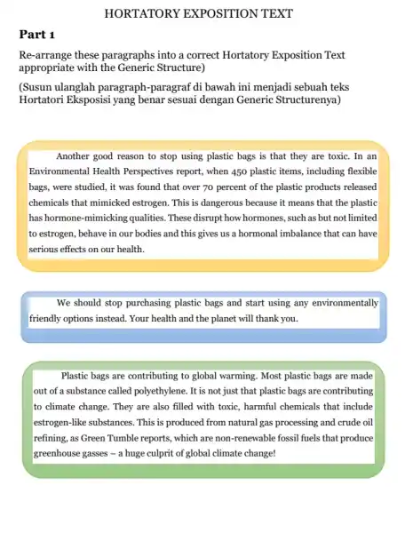 HORTATORY EXPOSITION TEXT Part 1 Re-arrange these paragraphs into a correct Hortatory Exposition Text appropriate with the Generic Structure) (Susun ulanglah paragraph-paragraf di bawah