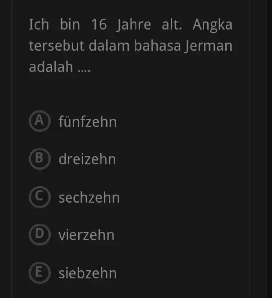 Ich bin 16 Jahre alt. Angka tersebut dalam bahasa Jerman adalah .... (A) fünfzehn (B) dreizehn (C) sechzehn (D) vierzehn (E) siebzehn