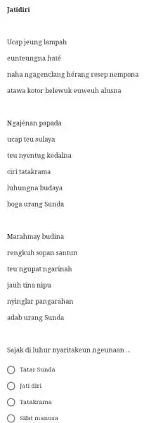 Jatidiri Ucap jeung lampah eunteungna haté naha ngagenclang hérang resep nempona atawa kotor belewuk euweuh alusna Ngajénan papada ucap teu sulaya teu nyentug kedalna