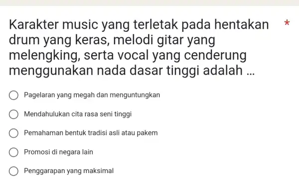 Karakter music yang terletak pada hentakan drum yang keras, melodi gitar yang melengking, serta vocal yang cenderung menggunakan nada dasar tinggi adalah ... Pagelaran