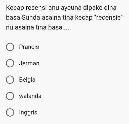 Kecap resensi anu ayeuna dipake dina basa Sunda asalna tina kecap "recensie" nu asalna tina basa..... Prancis Jerman Belgia walanda Inggris