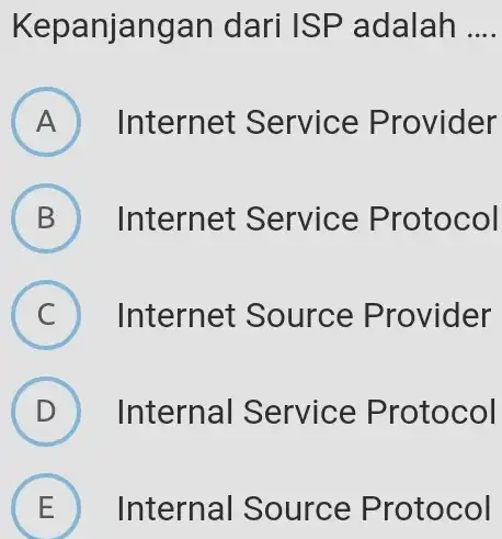 Kepanjangan dari ISP adalah .... A Internet Service Provider B Internet Service Protocol C Internet Source Provider D Internal Service Protocol E Internal Source