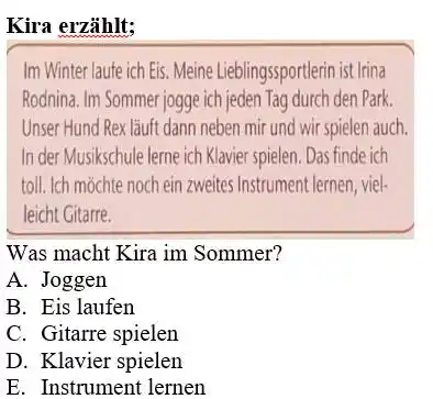 Kira erzählt; Im Winter laufe ich Eis. Meine Lieblingssportlerin ist Irina Rodnina. Im Sommer jogge ich jeden Tag durch den Park. Unser Hund Rex