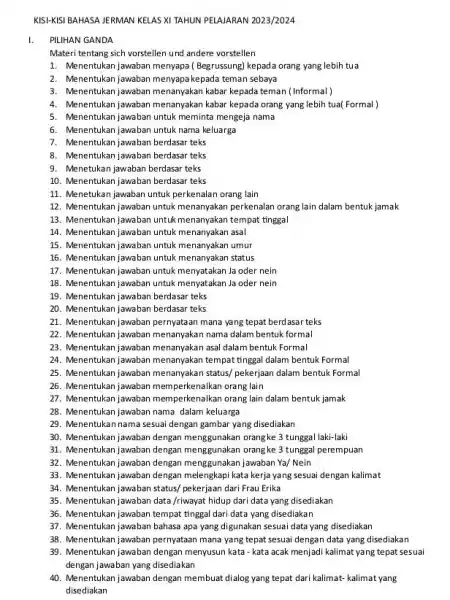 KISI-KISI BAHASA JERMAN KELAS XI TAHUN PELAJARAN 2023/2024 I. PILIHAN GANDA Materi tentang sich vorstellen und andere vorstellen Menentukan jawaban menyapa ( Begrussung) kepada