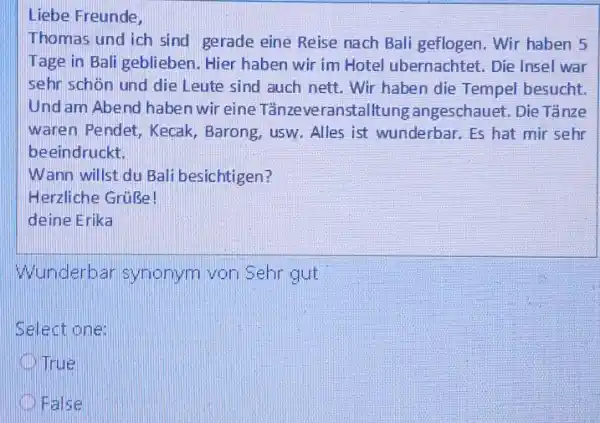 Liebe Freunde, Thomas und ich sind gerade eine Reise nach Bali geflogen. Wir haben 5 Tage in Bali geblieben. Hier haben wir im Hotel