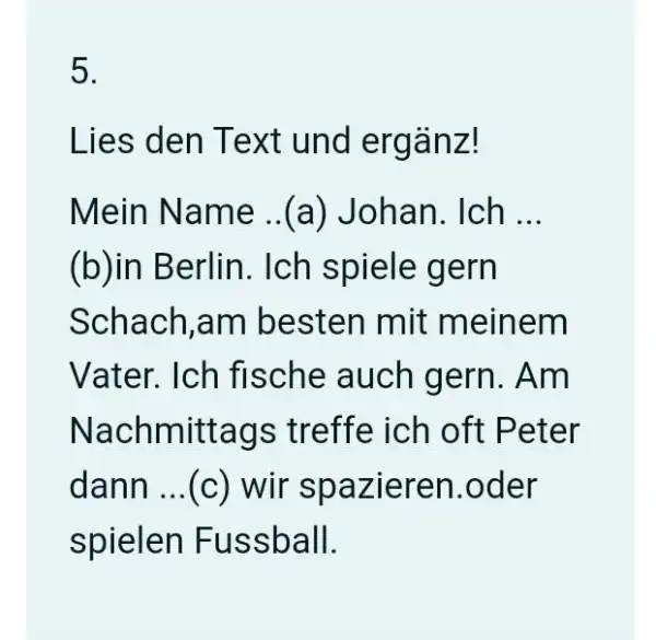 Lies den Text und ergänz! Mein Name ..(a) Johan. Ich ... (b)in Berlin. Ich spiele gern Schach,am besten mit meinem Vater. Ich fische auch