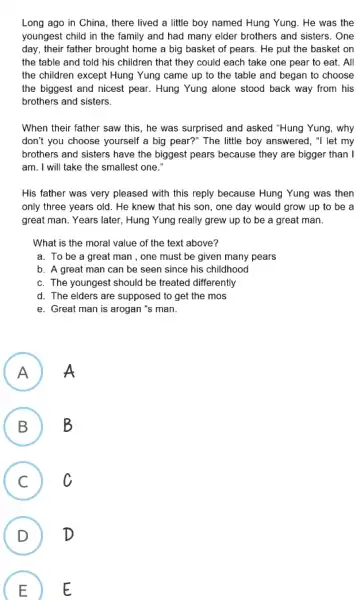 Long ago in China, there lived a little boy named Hung Yung. He was the youngest child in the family and had many elder