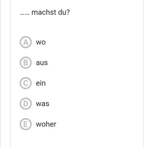 machst du? (A) wo (B) aus (C) ein (D) was (E) woher