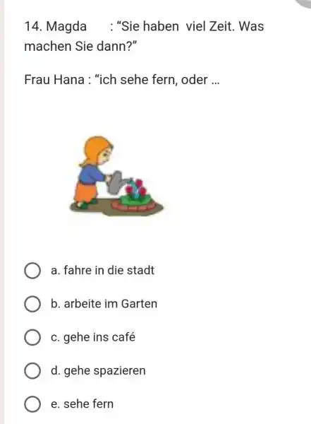 Magda : "Sie haben viel Zeit. Was machen Sie dann?" Frau Hana : "ich sehe fern, oder ... a. fahre in die stadt b.