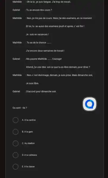 Mathilde : Oh la la, je suis fatigue. J'ai trop de travail. Gabriel : Tu as encore des cours ? Mathilde Non, je n'ai